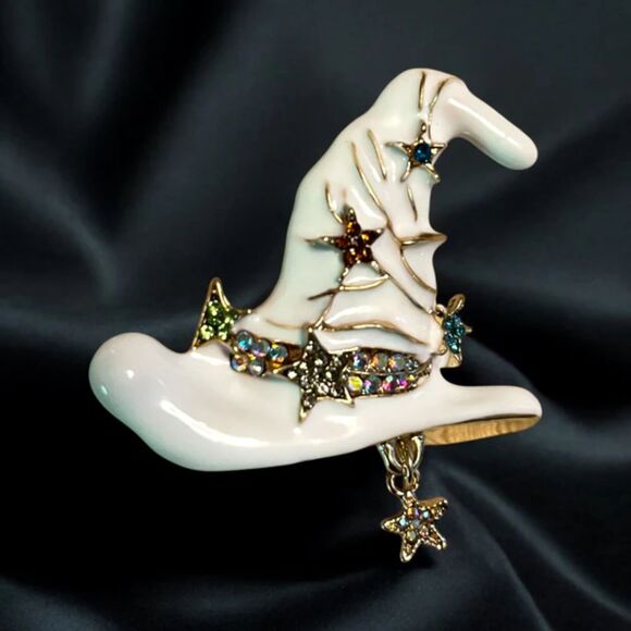 Elegant Halloween White Witch Hat Brooch - Picture 2 of 3